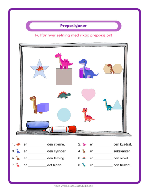 Forhåndsvisning av Preposisjoner-arbeidsark med Dinosaurer for Barnehage (5-7 år)