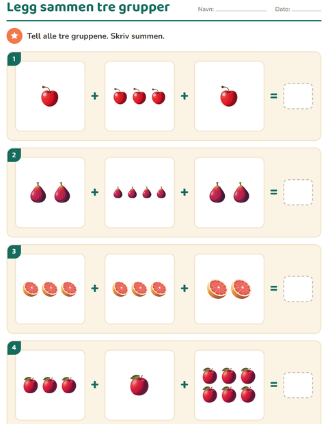 Forhåndsvisning av Regne med bilder-arbeidsark med Frukter for 1. trinn