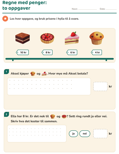 Forhåndsvisning av Regne med penger-arbeidsark med Desserter og godteri for 2. trinn