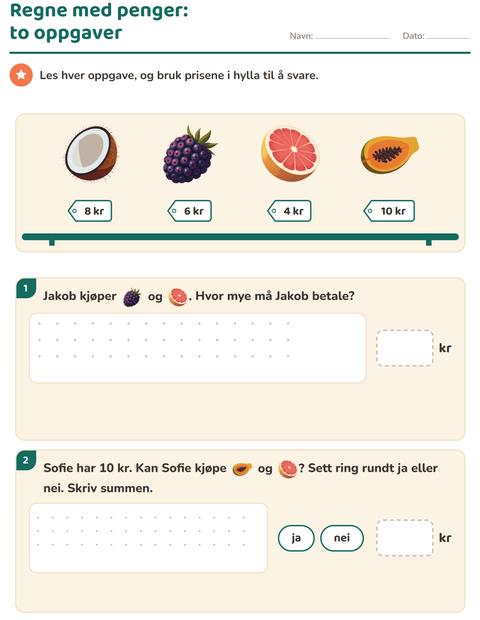 Forhåndsvisning av Regne med penger-arbeidsark med Frukter for 2. trinn