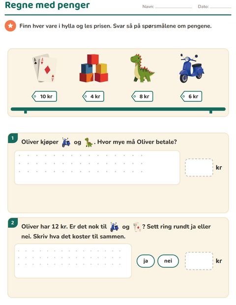 Forhåndsvisning av Regne med penger-arbeidsark med Leker for 2. trinn