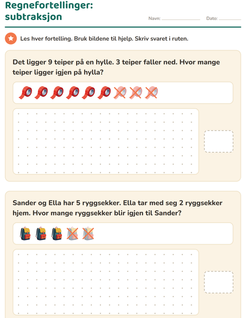 Forhåndsvisning av Regnefortellinger-arbeidsark med Klasserom for 1. trinn