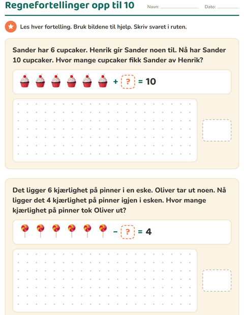 Forhåndsvisning av Regnefortellinger-arbeidsark med Desserter og godteri for 1. trinn
