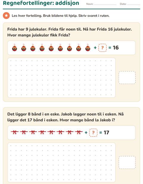 Forhåndsvisning av Regnefortellinger-arbeidsark med Jul for 1. trinn