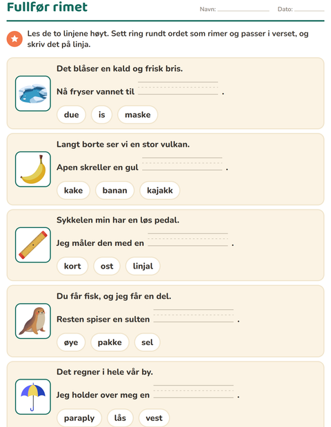 Forhåndsvisning av Rimord-arbeidsark for 1. trinn
