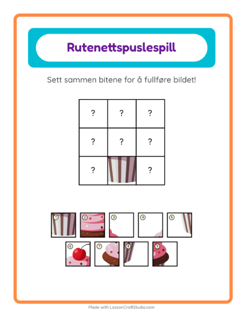 Forhåndsvisning av Rutenettmatch-arbeidsark med Bakeri for Barnehage (5-7 år)