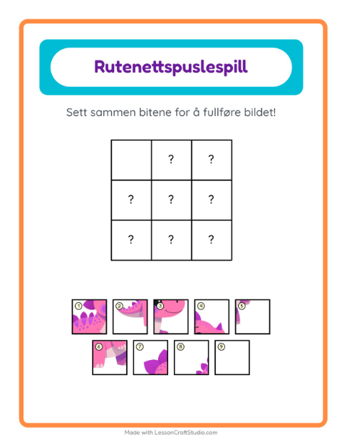 Forhåndsvisning av Rutenettmatch-arbeidsark med Dinosaurer for Barnehage (5-7 år)