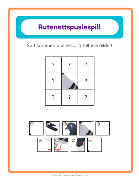 Forhåndsvisning av Rutenettmatch-arbeidsark med Fugler 2 for Barnehage (5-7 år)