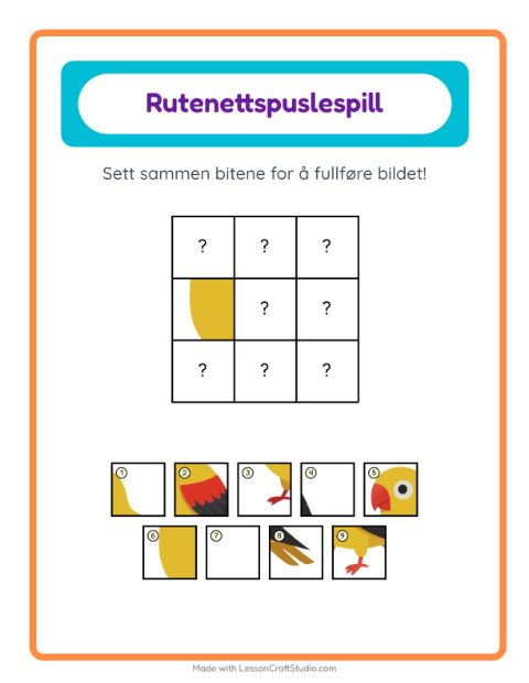 Forhåndsvisning av Rutenettmatch-arbeidsark med Fugler for Barnehage (5-7 år)
