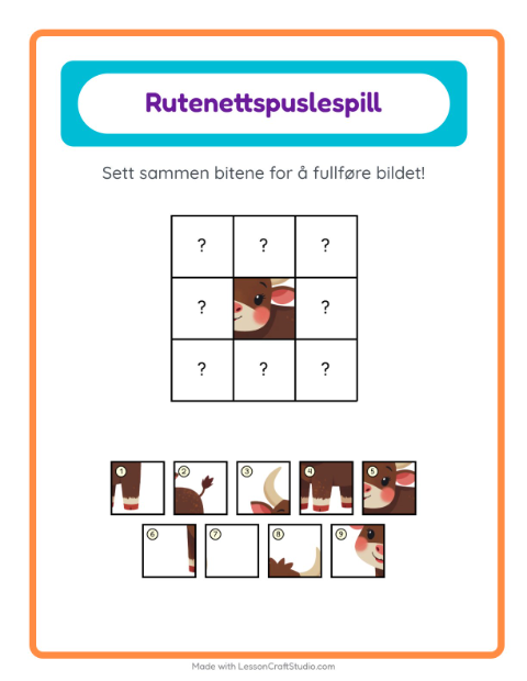 Forhåndsvisning av Rutenettmatch-arbeidsark med Gårdsdyr for Barnehage (5-7 år)