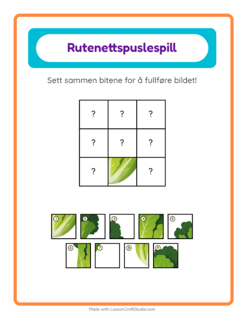 Forhåndsvisning av Rutenettmatch-arbeidsark med Grønnsaker for Barnehage (5-7 år)