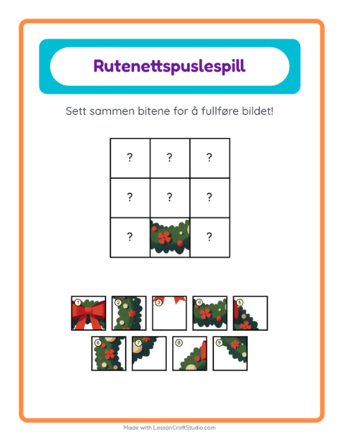 Forhåndsvisning av Rutenettmatch-arbeidsark med Jul for Barnehage (5-7 år)