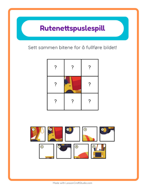 Forhåndsvisning av Rutenettmatch-arbeidsark med Kjøretøy for Barnehage (5-7 år)