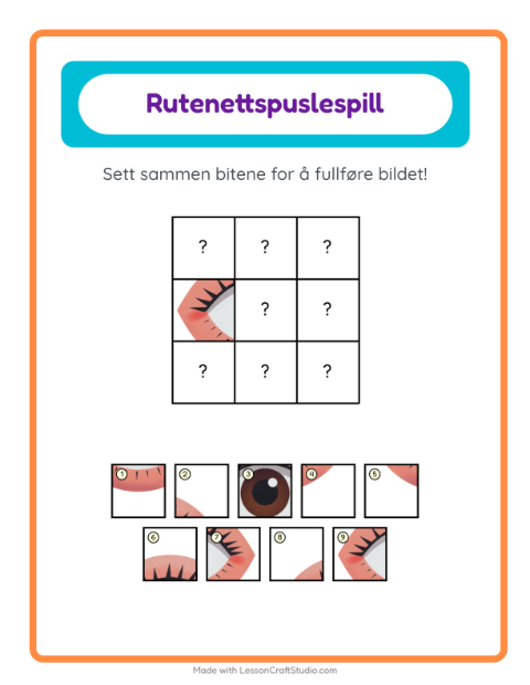 Forhåndsvisning av Rutenettmatch-arbeidsark med Kroppsdeler for Barnehage (5-7 år)
