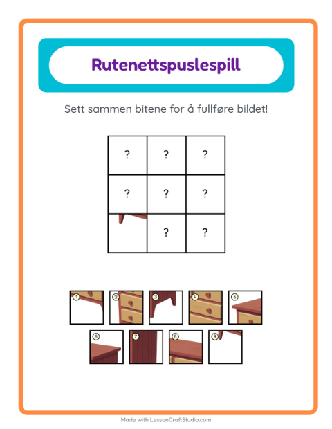 Forhåndsvisning av Rutenettmatch-arbeidsark med Møbler for Barnehage (5-7 år)