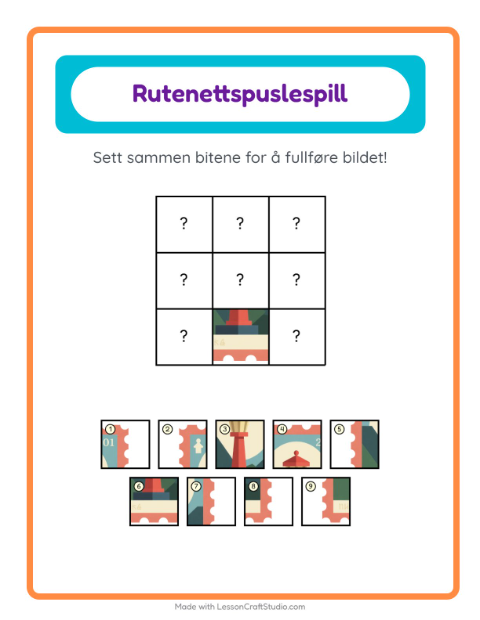 Forhåndsvisning av Rutenettmatch-arbeidsark med Postkontor for Barnehage (5-7 år)