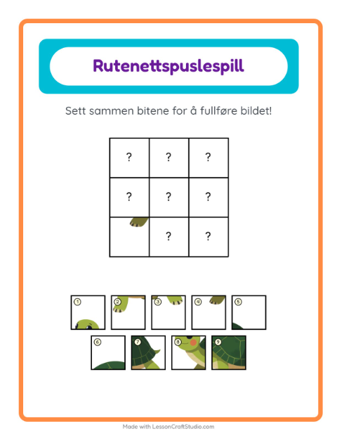 Forhåndsvisning av Rutenettmatch-arbeidsark med Reptiler og amfibier for Barnehage (5-7 år)