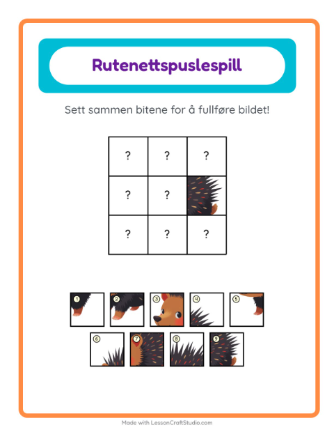 Forhåndsvisning av Rutenettmatch-arbeidsark med Skogsdyr for Barnehage (5-7 år)