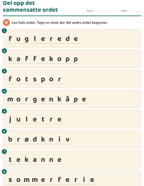 Forhåndsvisning av Sammensatte ord-arbeidsark for 2. trinn