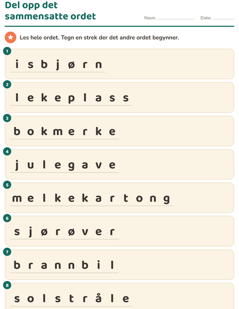 Forhåndsvisning av Sammensatte ord-arbeidsark for 2. trinn