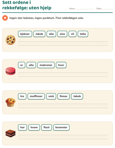 Forhåndsvisning av Setningsbygging-arbeidsark med Desserter og godteri for 1. trinn