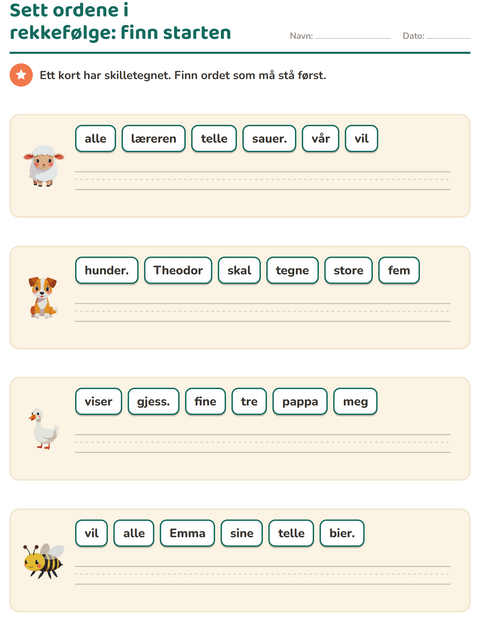 Forhåndsvisning av Setningsbygging-arbeidsark med Gårdsdyr for 1. trinn
