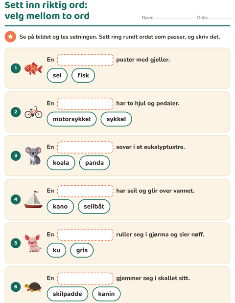 Forhåndsvisning av Sett inn riktig ord-arbeidsark for 1. trinn
