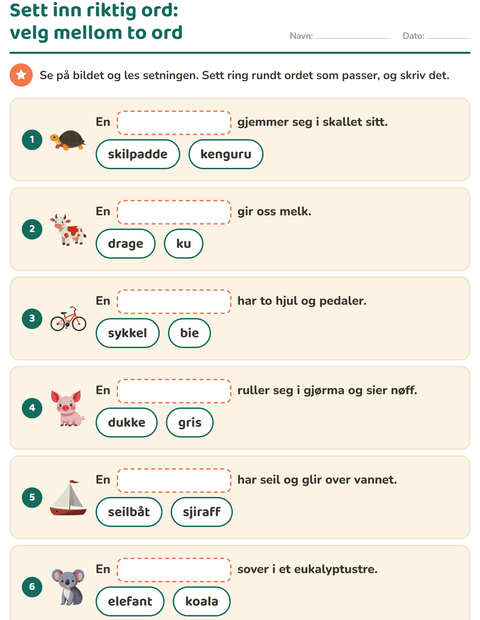 Forhåndsvisning av Sett inn riktig ord-arbeidsark for 1. trinn