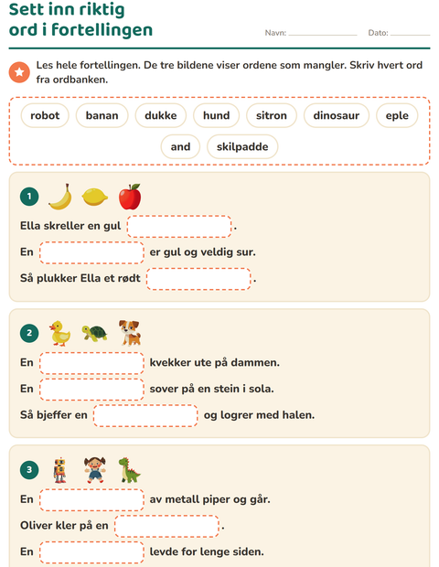 Forhåndsvisning av Sett inn riktig ord-arbeidsark for 2. trinn