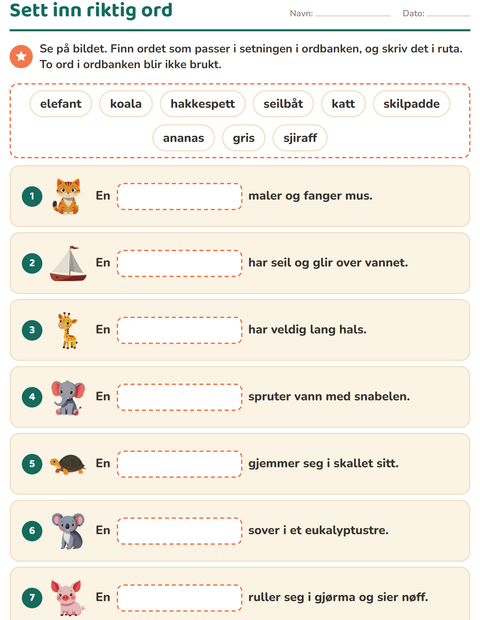 Forhåndsvisning av Sett inn riktig ord-arbeidsark for 1. trinn