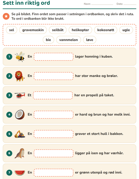 Forhåndsvisning av Sett inn riktig ord-arbeidsark for 1. trinn