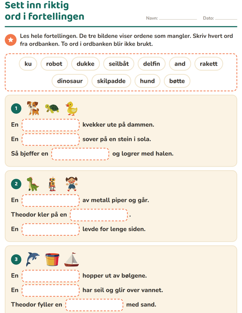Forhåndsvisning av Sett inn riktig ord-arbeidsark for 2. trinn