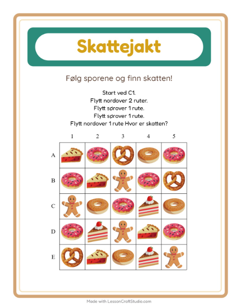 Forhåndsvisning av Skattejakt-arbeidsark med Bakeri for 1. trinn