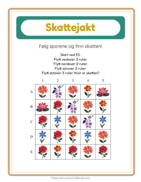 Forhåndsvisning av Skattejakt-arbeidsark med Blomster for 1. trinn