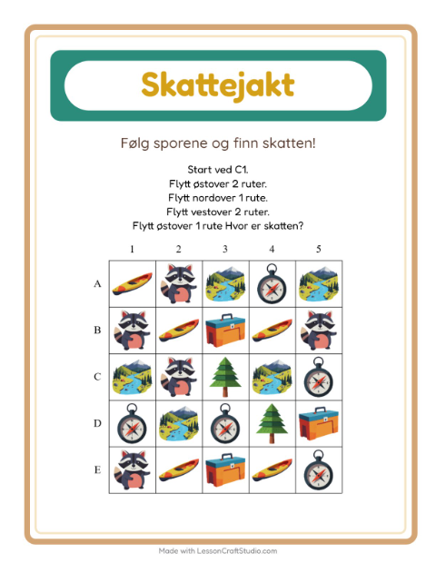 Forhåndsvisning av Skattejakt-arbeidsark med Camping for 1. trinn
