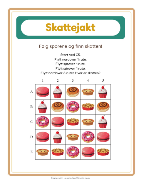 Forhåndsvisning av Skattejakt-arbeidsark med Desserter og godteri for 1. trinn