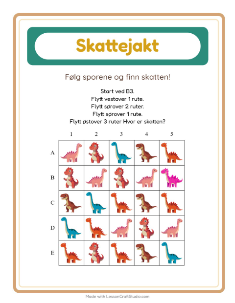 Forhåndsvisning av Skattejakt-arbeidsark med Dinosaurer for 1. trinn