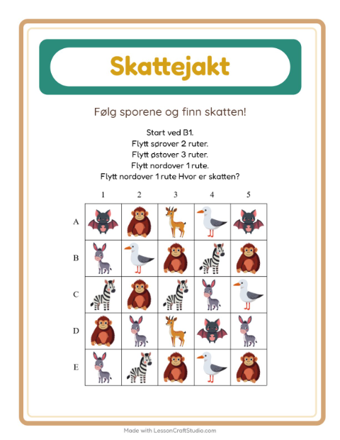 Forhåndsvisning av Skattejakt-arbeidsark med Dyr for 1. trinn