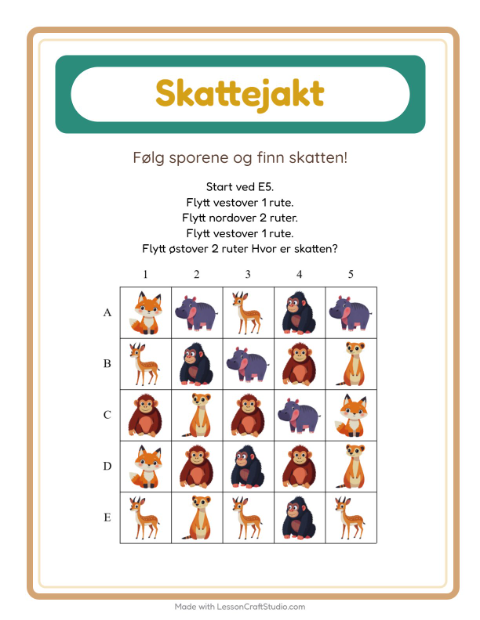 Forhåndsvisning av Skattejakt-arbeidsark med Dyrehagedyr for 1. trinn
