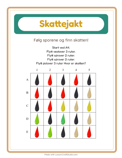 Forhåndsvisning av Skattejakt-arbeidsark med Farger for 1. trinn