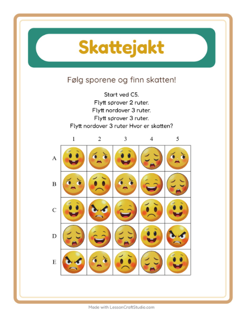 Forhåndsvisning av Skattejakt-arbeidsark med Følelser for 1. trinn