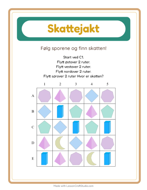 Forhåndsvisning av Skattejakt-arbeidsark med Former for 1. trinn