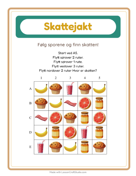 Forhåndsvisning av Skattejakt-arbeidsark med Frokost for 1. trinn