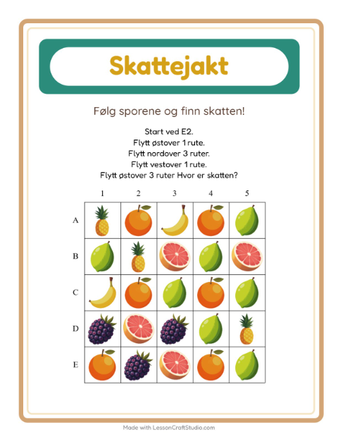 Forhåndsvisning av Skattejakt-arbeidsark med Frukter for 1. trinn