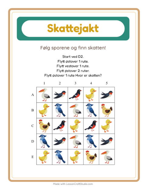 Forhåndsvisning av Skattejakt-arbeidsark med Fugler 2 for 1. trinn