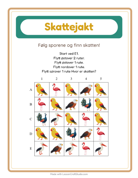 Forhåndsvisning av Skattejakt-arbeidsark med Fugler for 1. trinn