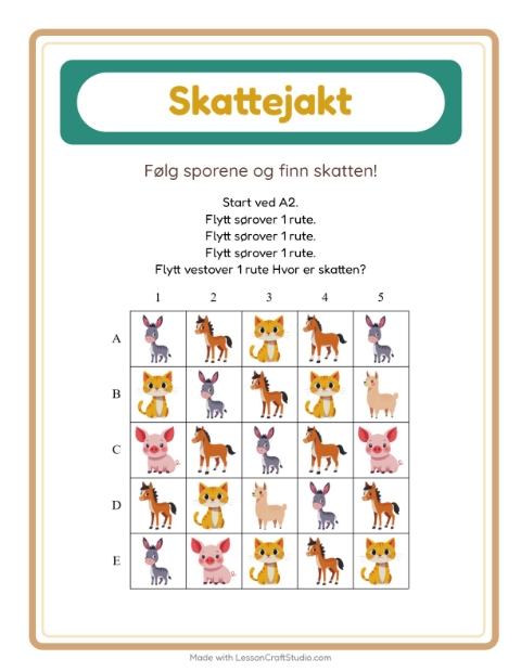 Forhåndsvisning av Skattejakt-arbeidsark med Gårdsdyr for 1. trinn