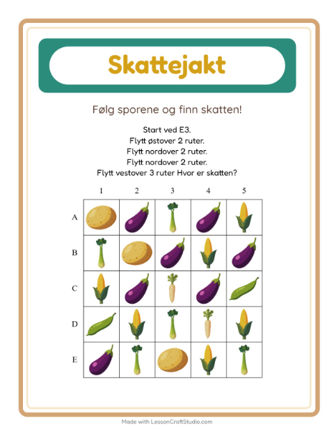 Forhåndsvisning av Skattejakt-arbeidsark med Grønnsaker for 1. trinn