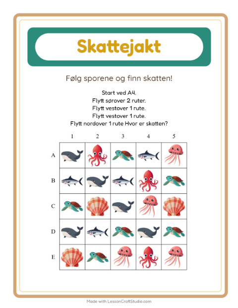 Forhåndsvisning av Skattejakt-arbeidsark med Havliv for 1. trinn