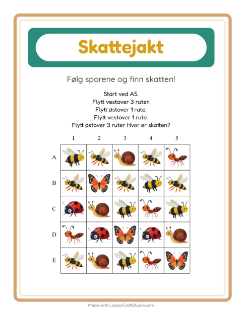Forhåndsvisning av Skattejakt-arbeidsark med Insekter og kryp for 1. trinn